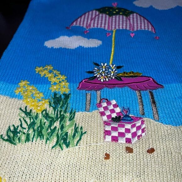 Vintage Beach Scene Knit Sweater Blue Summer Embroidered novelty Tunic Top Sz S - Picture 7 of 9